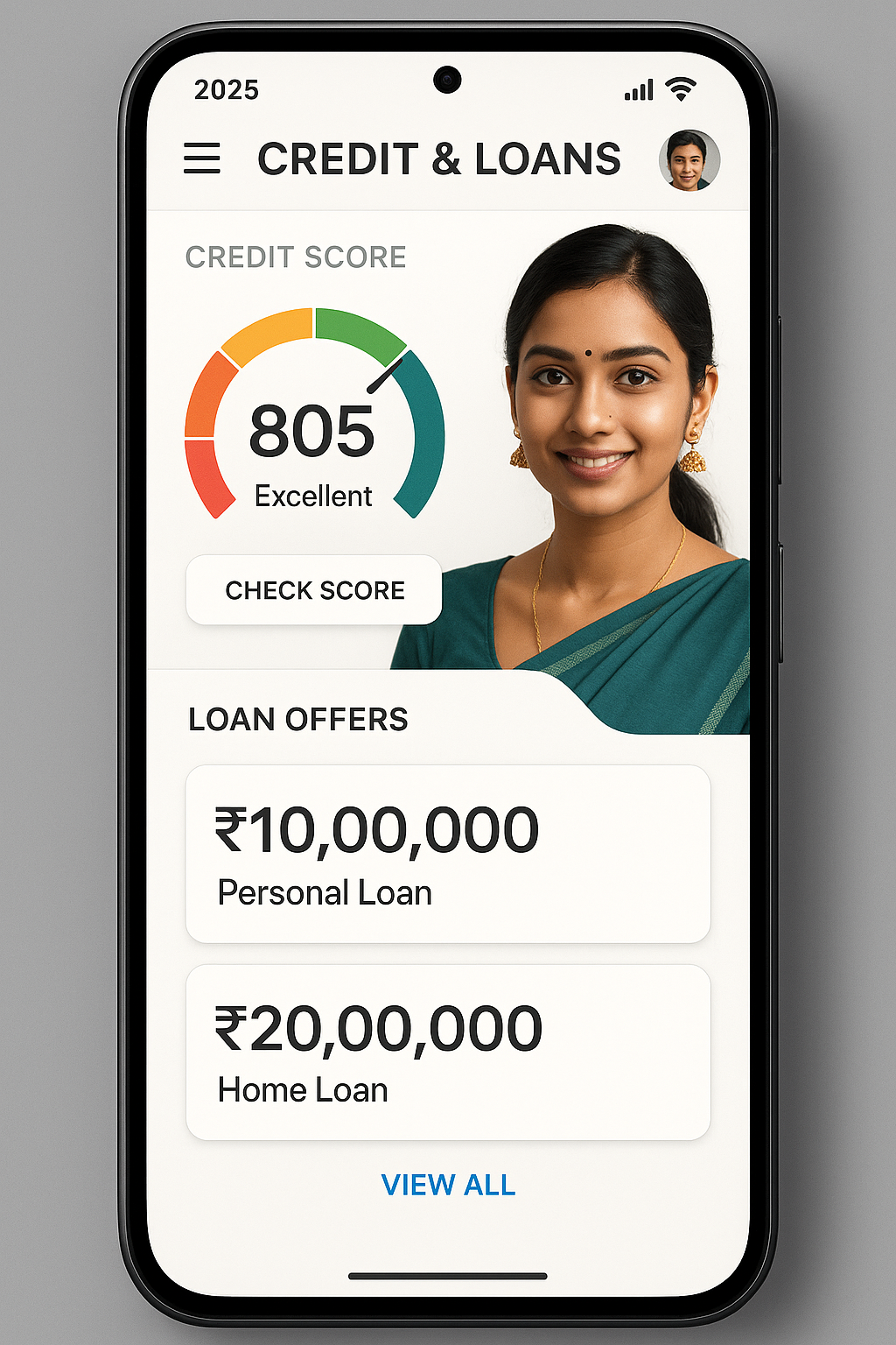 Modern Indian financial tool interface for credit score and loans 2025.