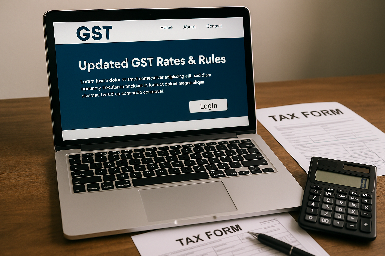 "Laptop displaying GST latest changes on the portal, beside a calculator and tax forms."