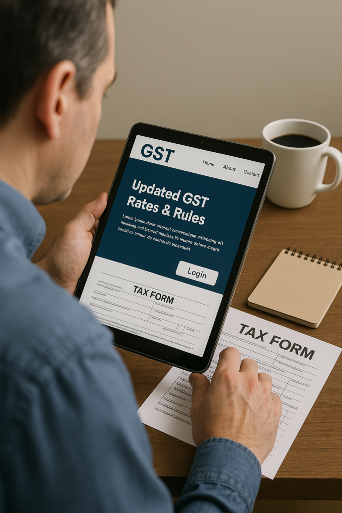 "Business owner reviewing GST latest changes on a tablet, with coffee and notepad."