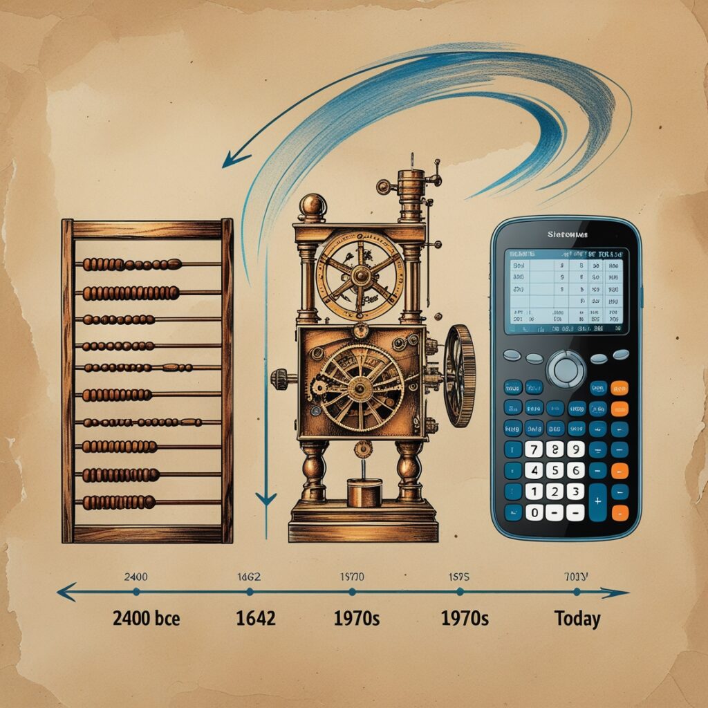 "Timeline illustrating the history of calculators, featuring an abacus, a mechanical calculator, and a modern graphing calculator with a smartphone."