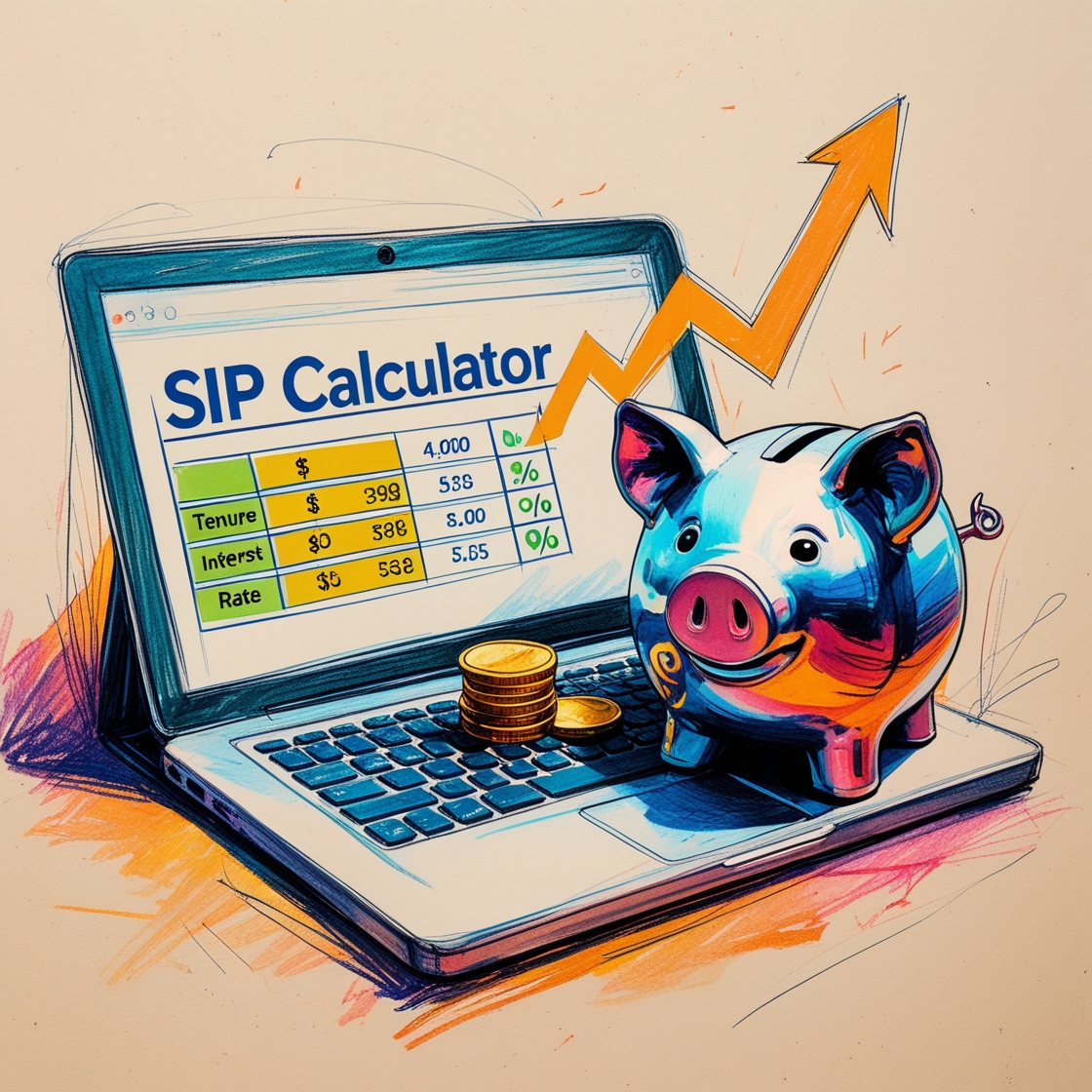 A laptop screen showing a SIP calculator with fields for amount, tenure, and rate, beside a piggy bank and upward arrow chart.